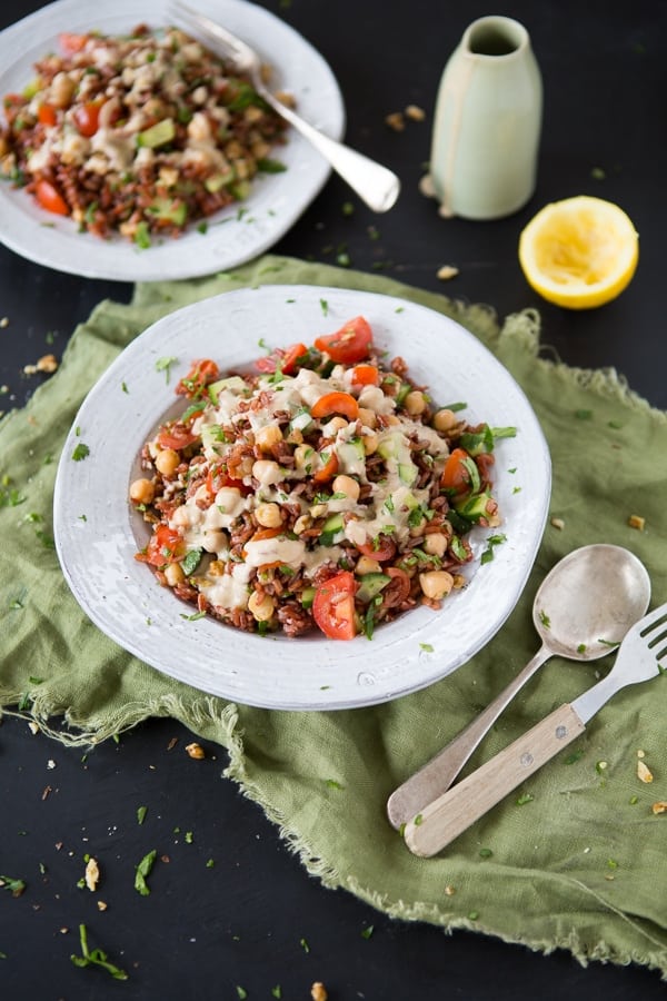 Vegan Red Rice Salad with Tahini Dressing
