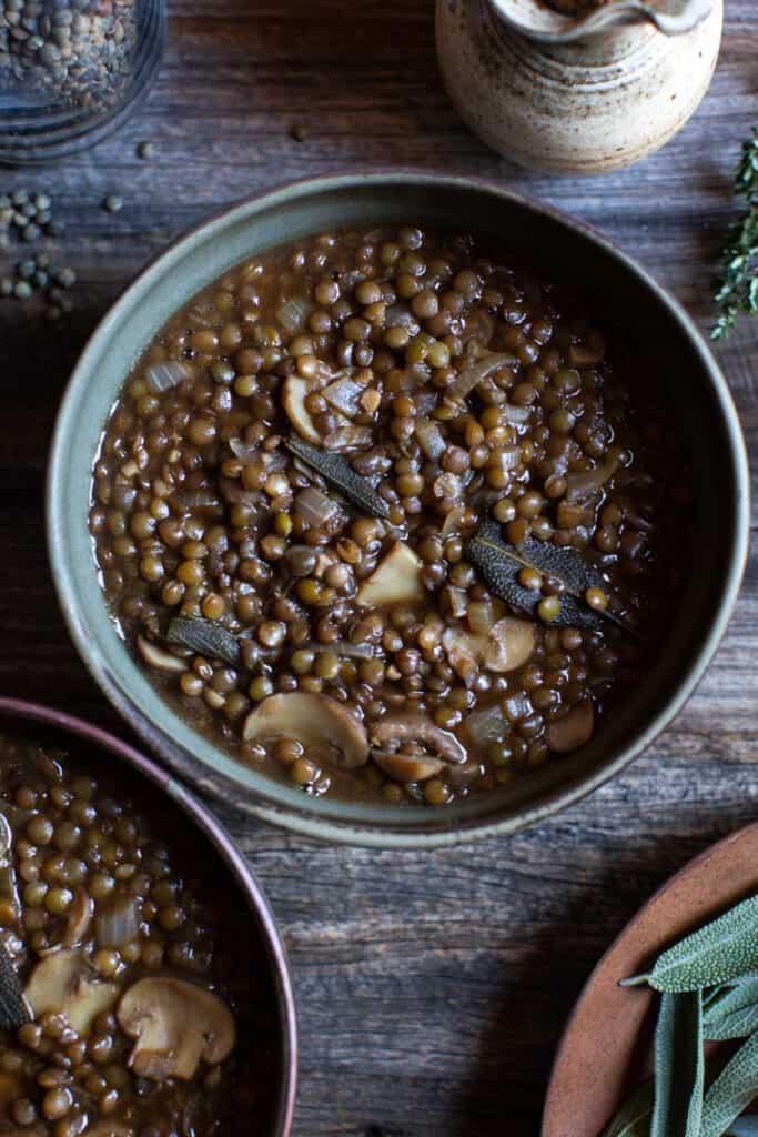 French lentil stew with mushrooms.