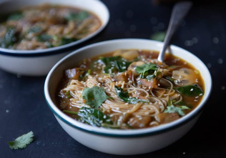 Mushroom & Eggplant Miso Soup with Brown Rice Noodles
