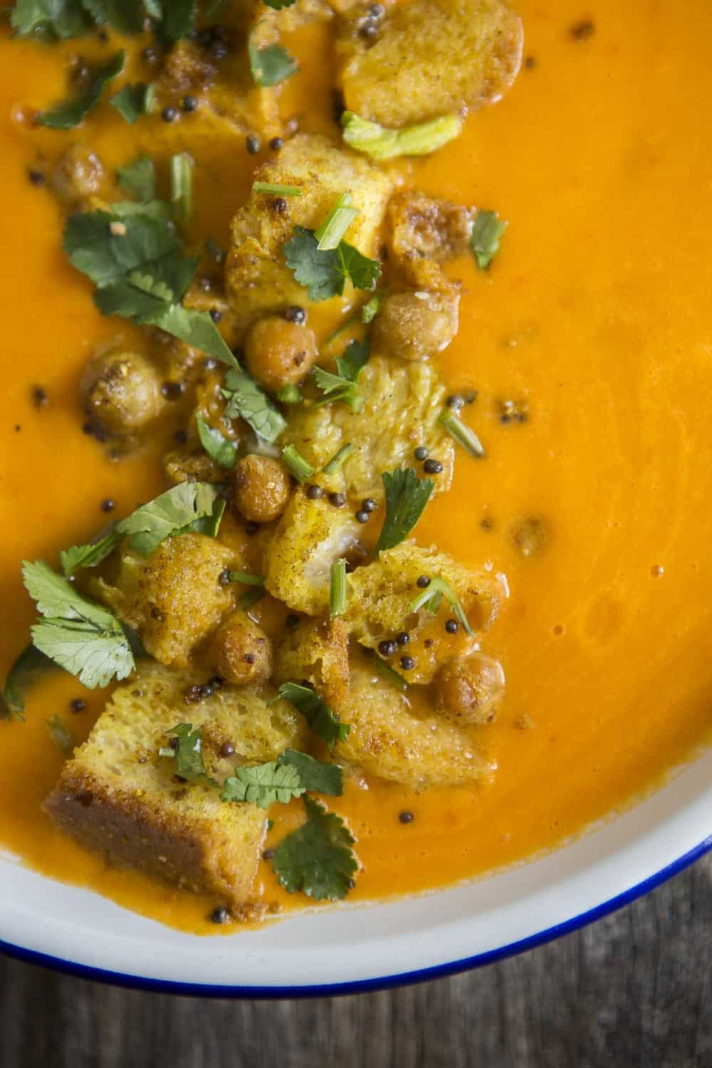 Pumpkin and Chickpea Soup with Curried Croutons