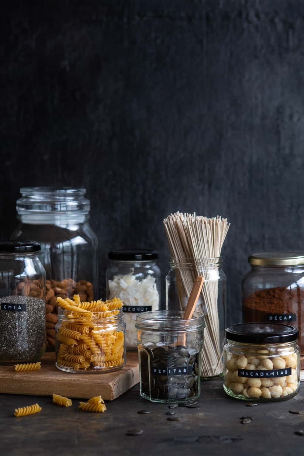 Jars with a range of grocery items.