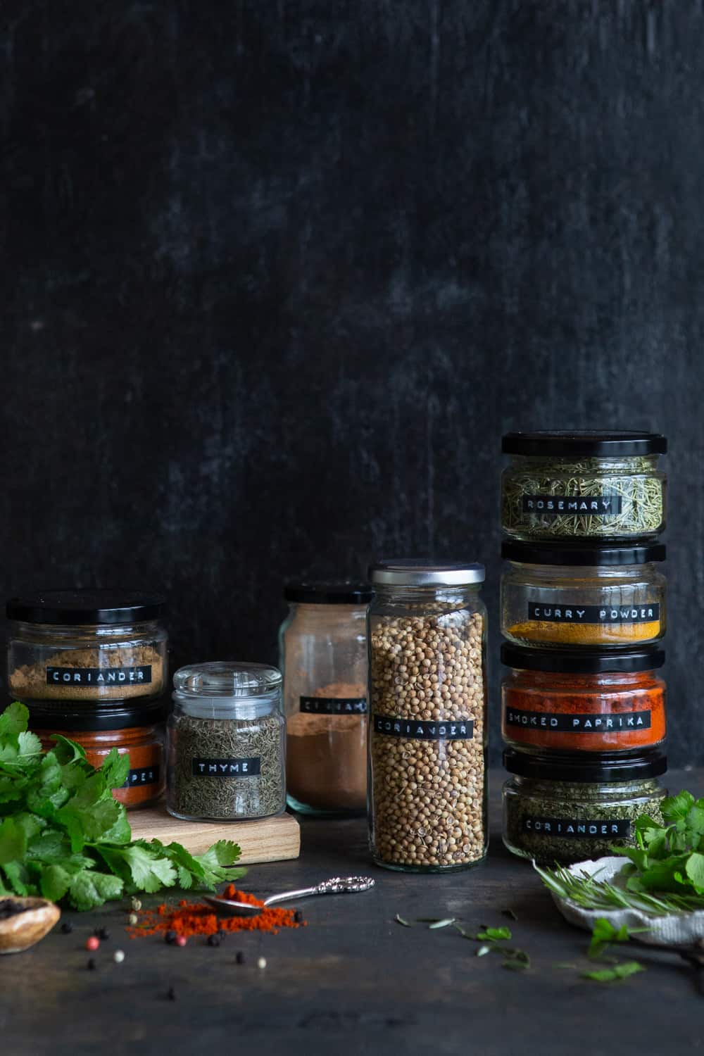 Jars with dried herbs & spices.