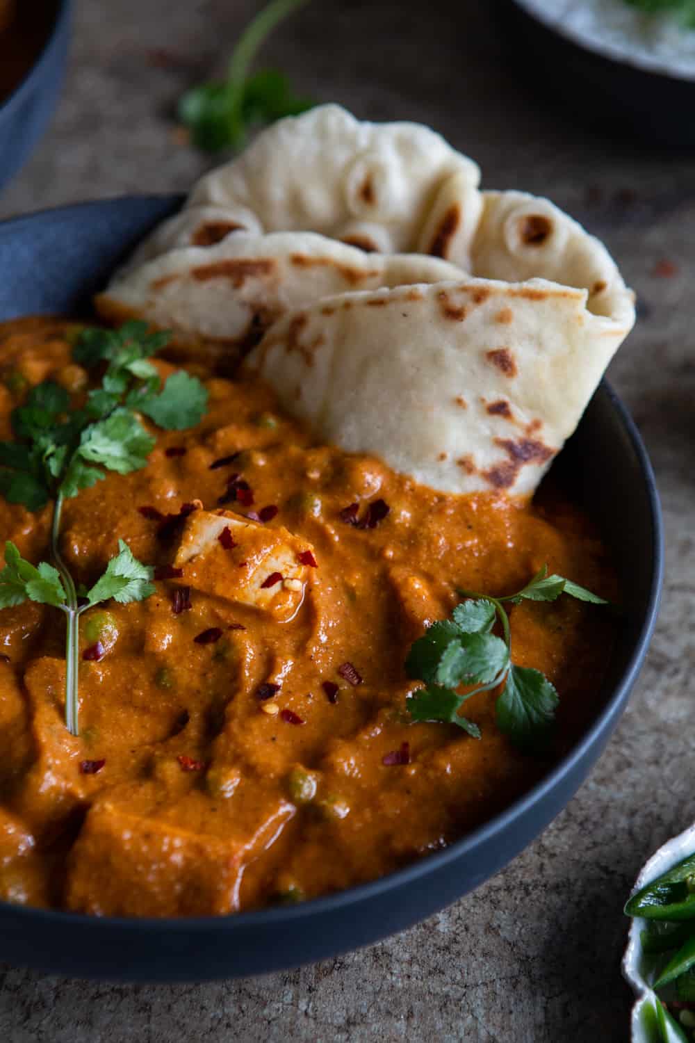 Vegan Matar Paneer with Tofu close up