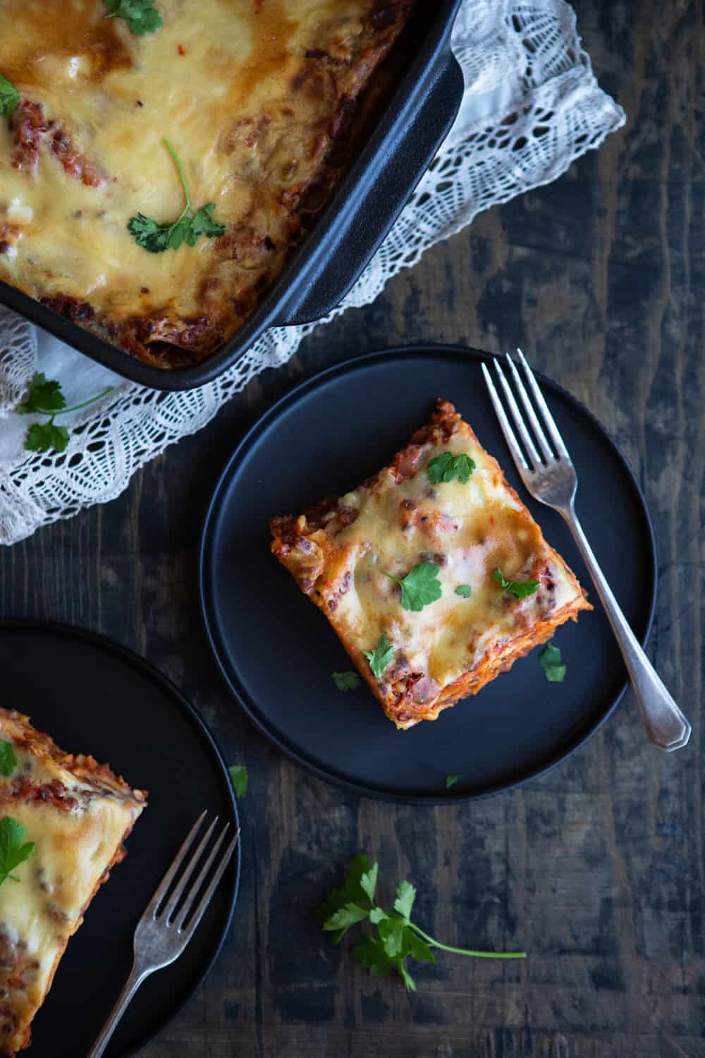 Sliced lasagna shot overhead.