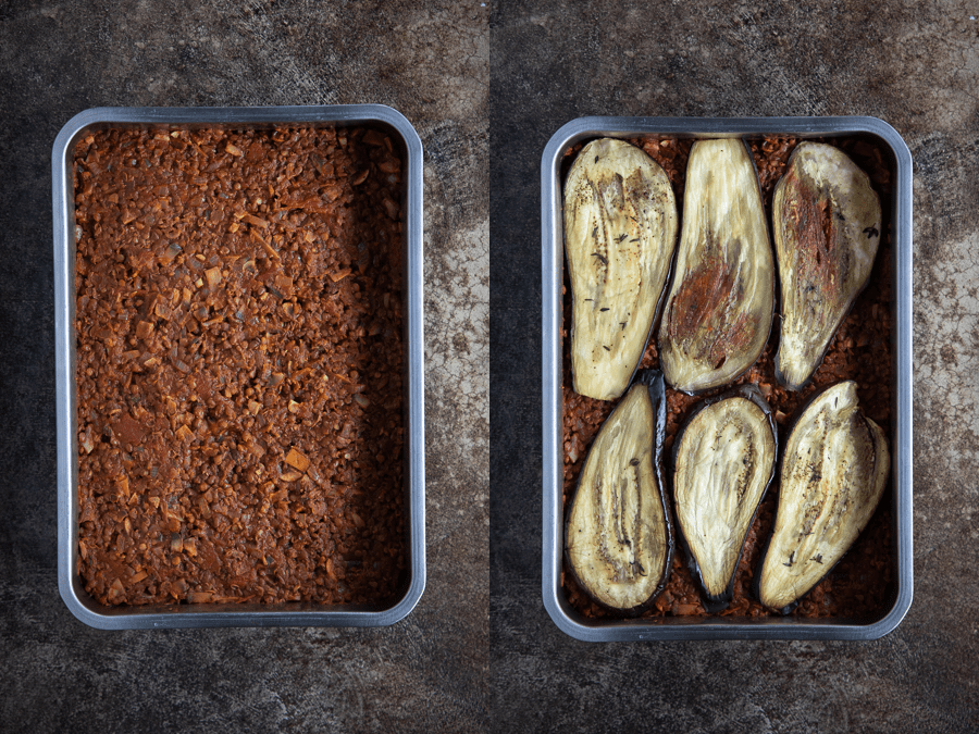 the layering of the moussaka with ragu and eggplant