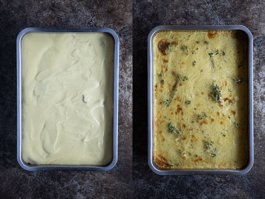 the layering of the moussaka with the béchamel and finished dish.