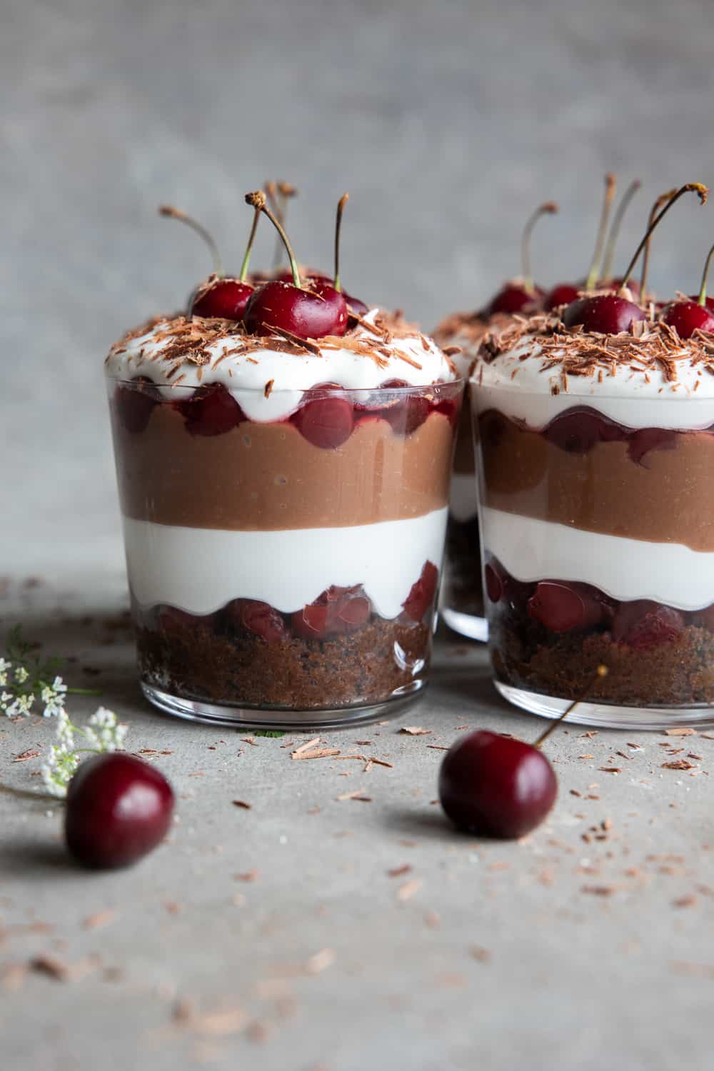 Close up from the front of the vegan black forest trifles.
