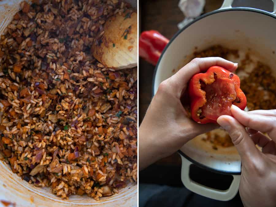 image of stuffing in pot on the left and stuffed pepper putting in the tomato to seal the pepper on the right.