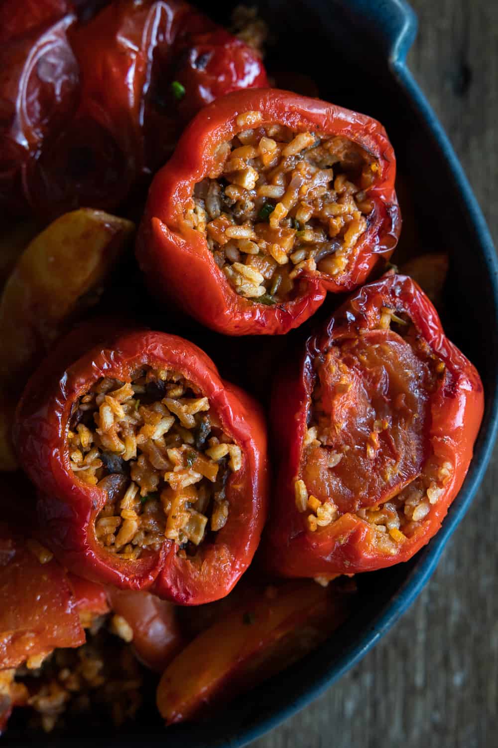 close up of three stuffed peppers