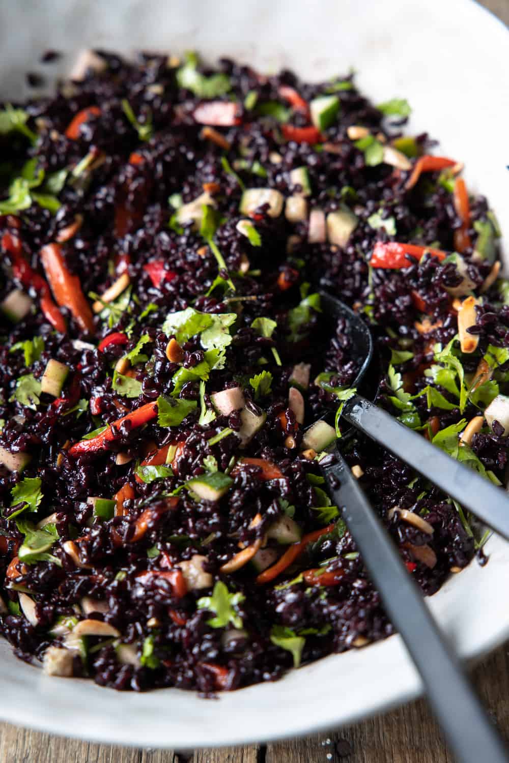 Close up of the black rice salad in a large bowl