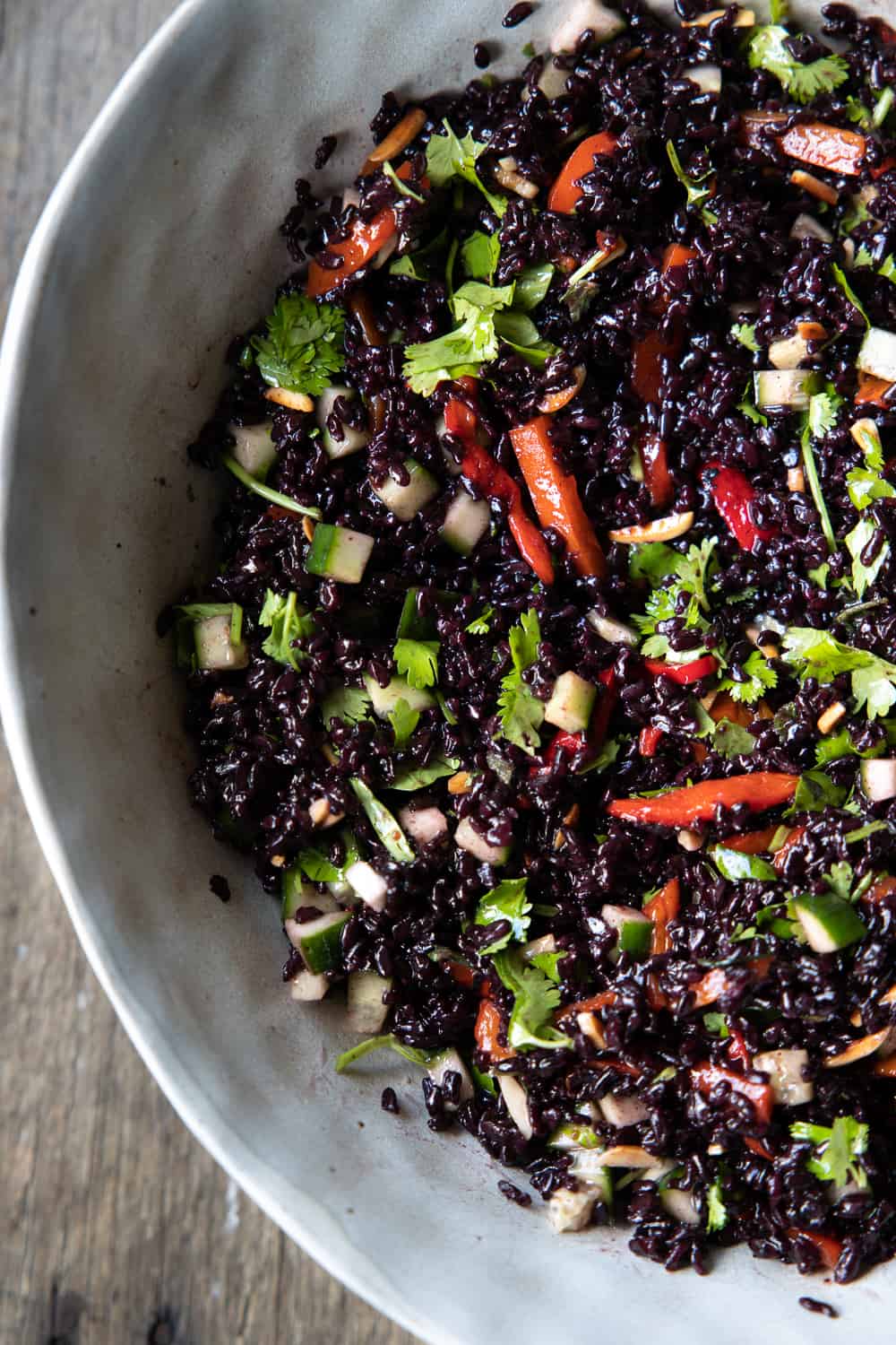 Close up of the black rice salad from above