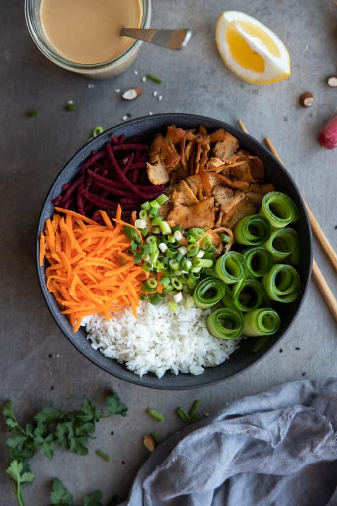 Tofu Buddha bowl being shot from above. 