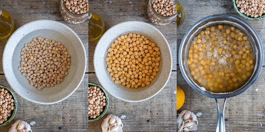 Dried chickpeas in water, chickpeas rehydrated in water overnight, cooked chickpeas.
