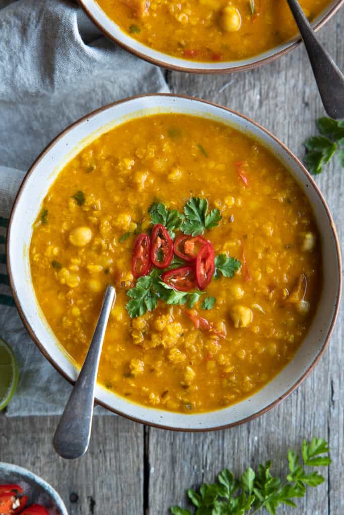 Red Lentil Soup in bowl close up. 