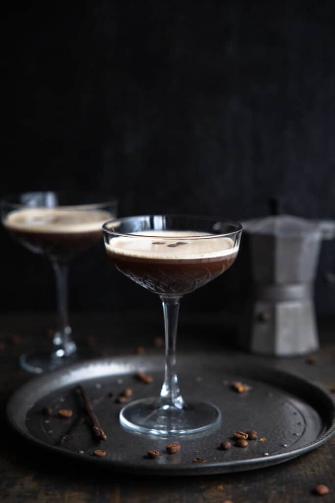 Espresso Martini with vanilla shot from an angle.