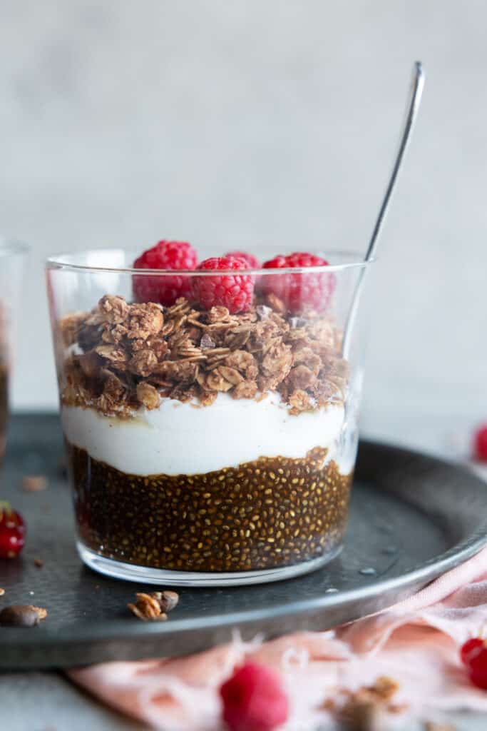 coffee chia pudding parfait in a glass close up.
