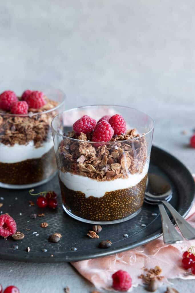 coffee chia pudding parfait in glasses. 