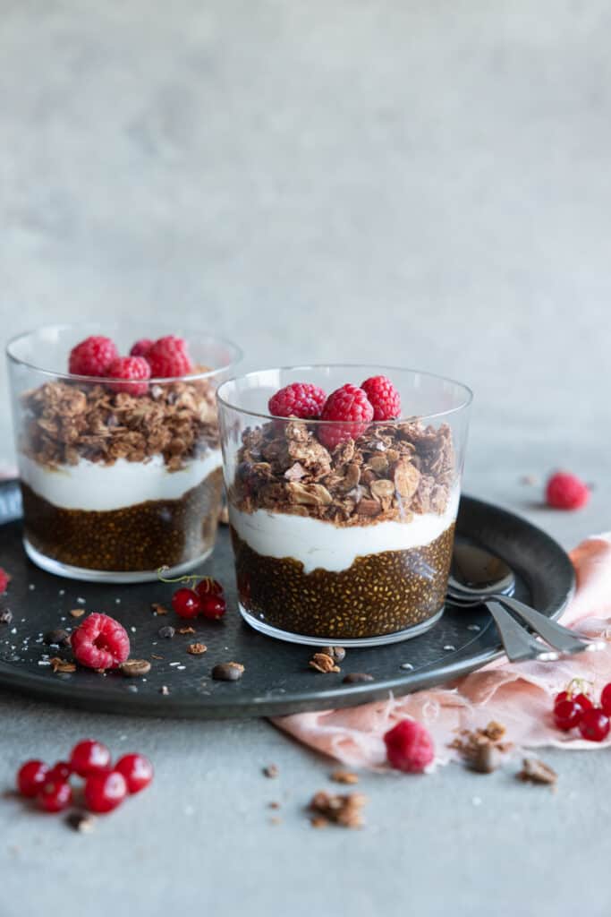 coffee chia pudding parfait in glasses. 