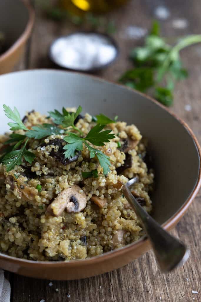 Eggplant and Mushroom Quinoa Risotto in a bowl close up with a fork. 