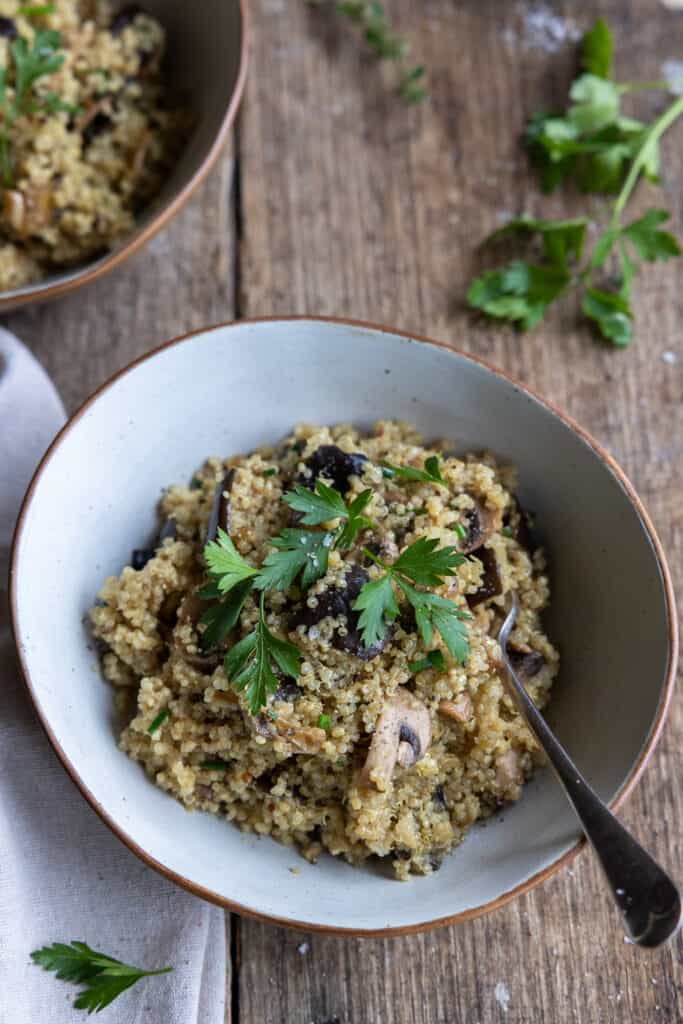Eggplant and Mushroom Quinoa Risotto in a bowl with a fork.