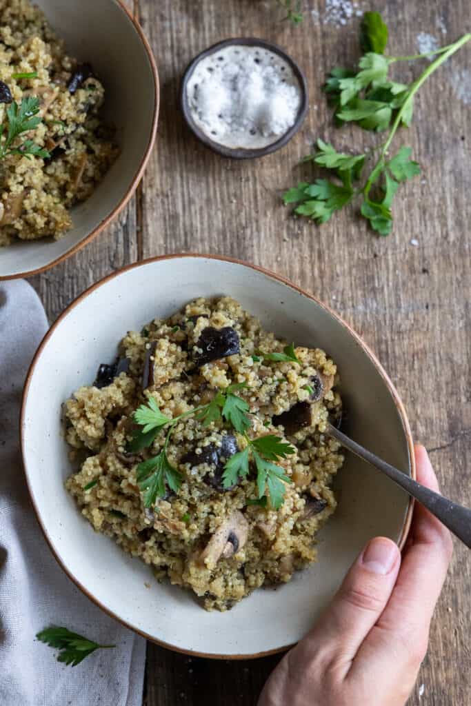Eggplant and Mushroom Quinoa Risotto in a bowl with a hand holding it. 