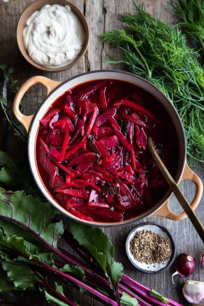 Vegan borscht soup in the pot with ladel. 