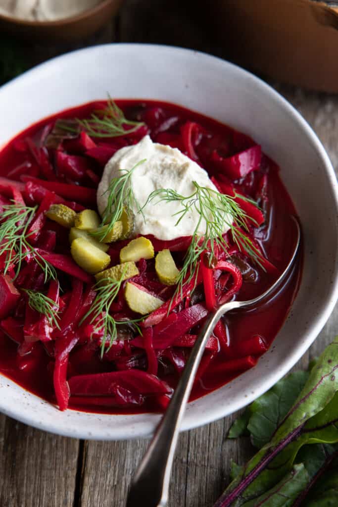 Vegan borscht soup close up.