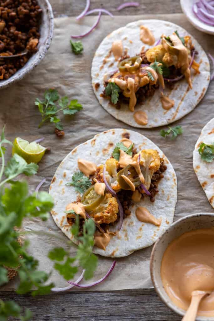 Close up of a vegan taco.