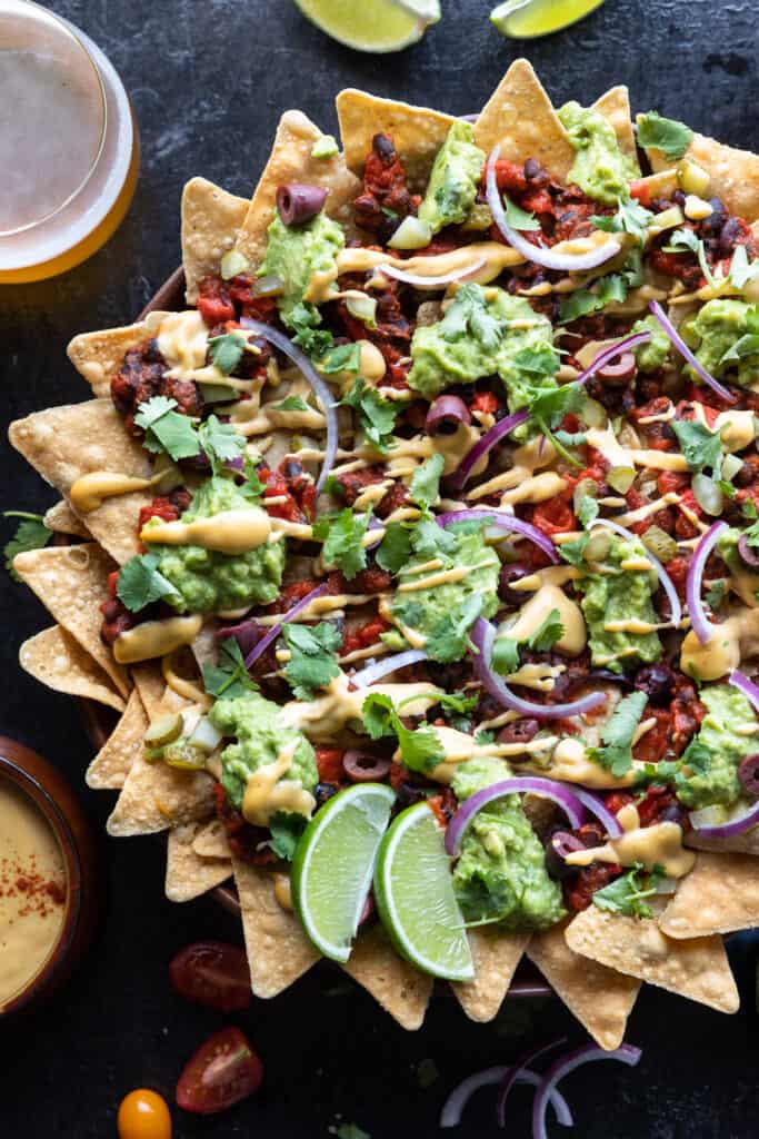 Vegan loaded nachos with cashew cheese sauce from above.