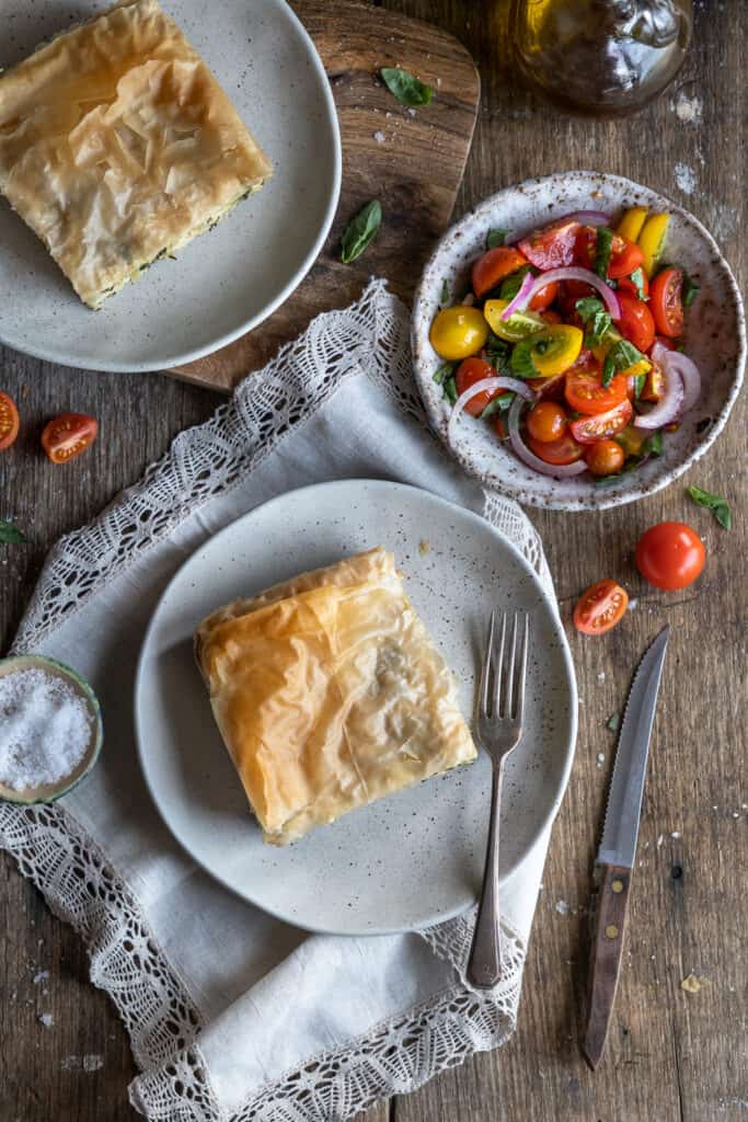 Vegan Spinach Pie overhead on plates.