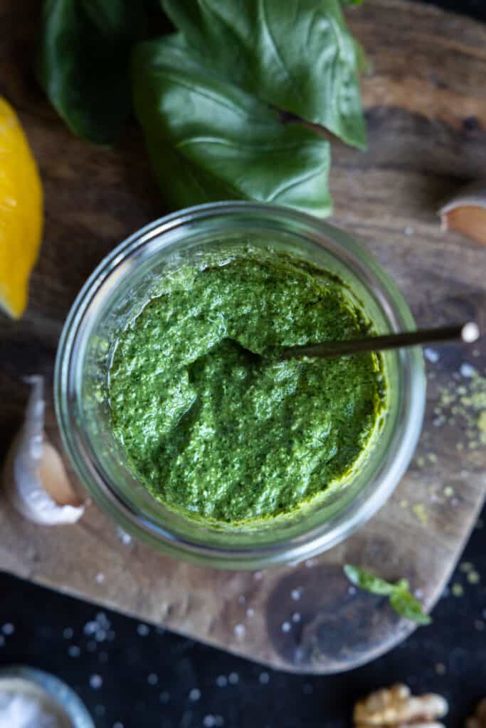 vegan walnut pesto in a jar from above.