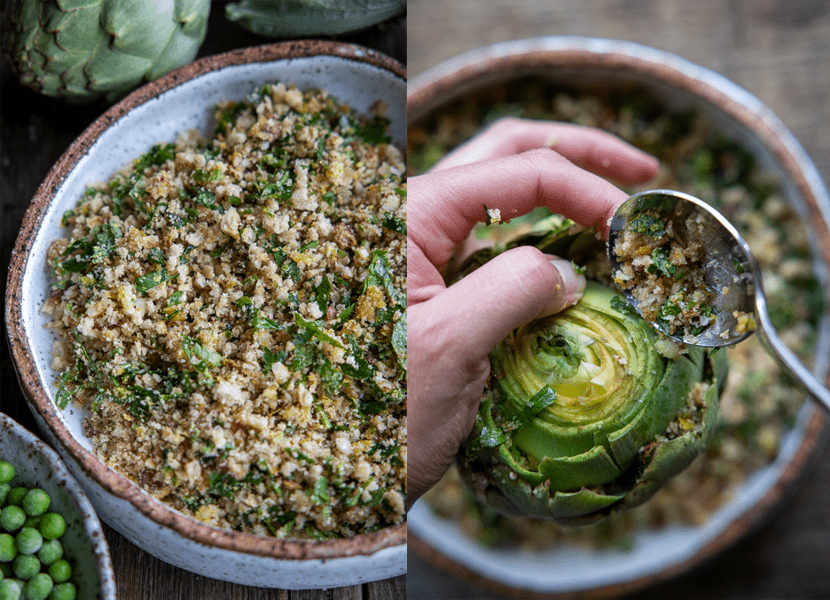 The stuffing for the artichokes and showing how to stuff one.