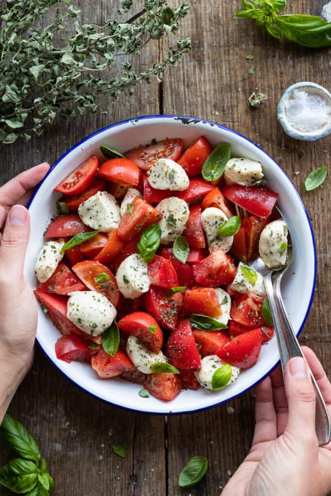 Hands holding a plate that has a Vegan Caprese Salad.