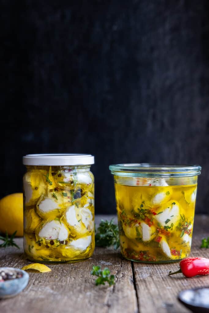 Marinated Vegan Bocconcini in jars.