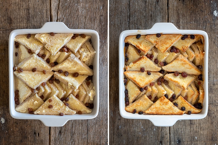 Before and after baking the vegan bread and butter pudding.