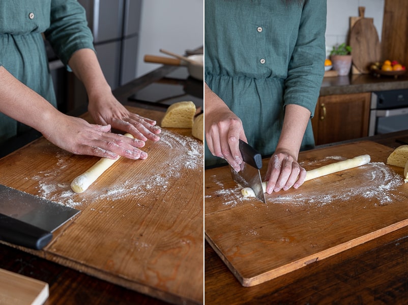 Rolling out vegan gnocchi dough.
