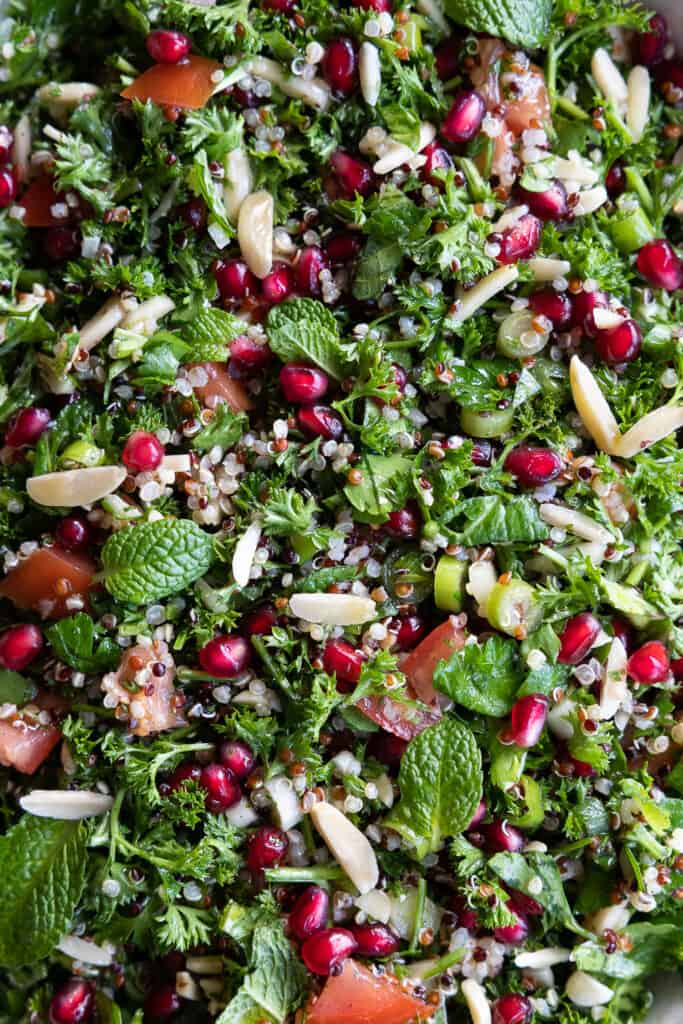 Gluten-Free Tabbouleh with Quinoa and Pomegranate close up.