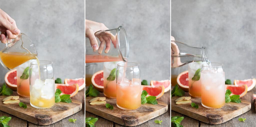 Creating the ginger grapefruit spritzer with layers of ginger syrup, grapefruit juice and sparkling mineral water.