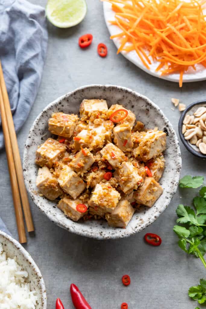 Lemongrass tofu in a bowl.