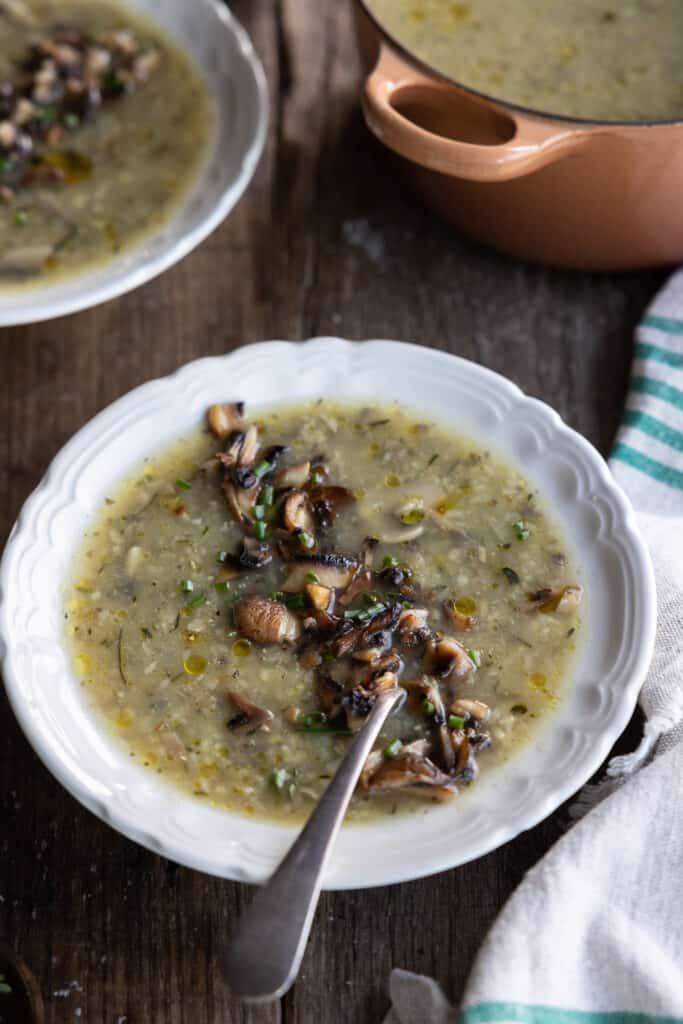 Vegan Mushroom and Thyme Soup in a plate.