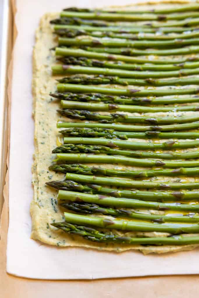 Vegan asparagus tart before baking.