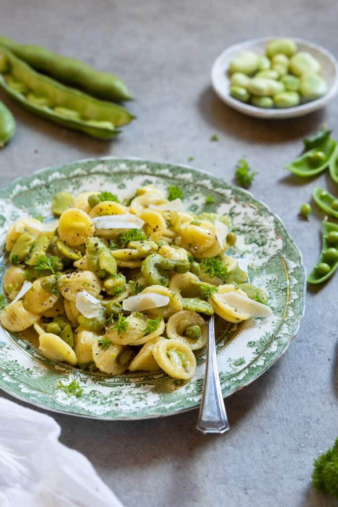 Broad Bean Pasta served on a plate. 