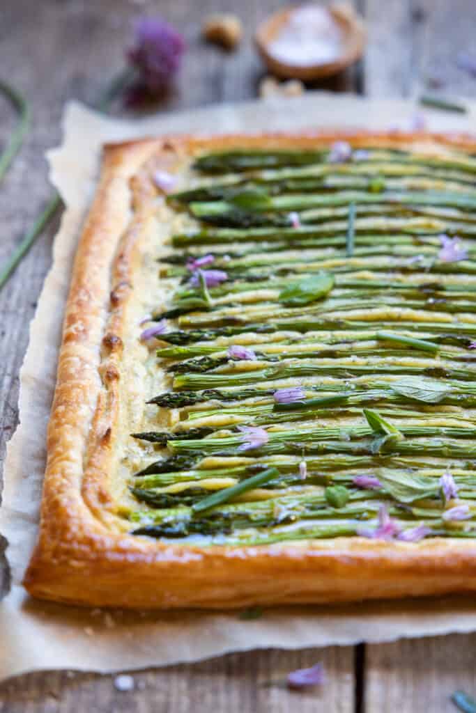 Vegan asparagus tart before it was sliced.