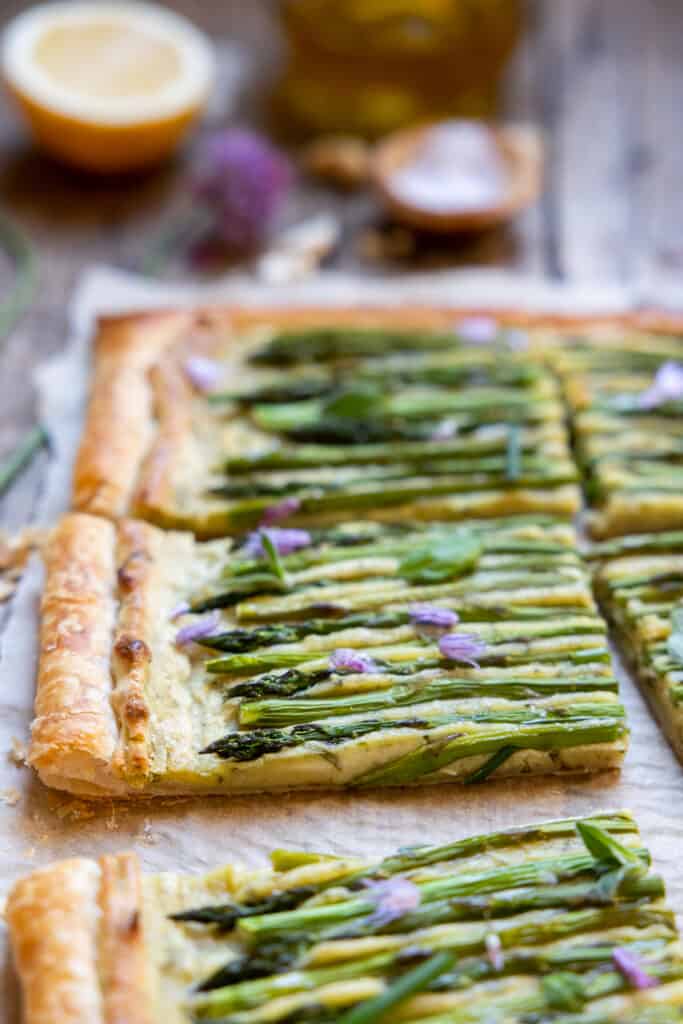 Vegan asparagus tart close up cross section.