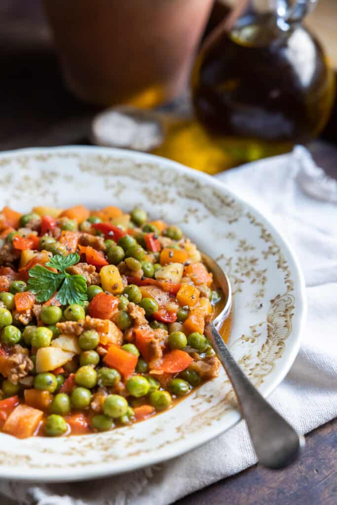 Turkish pea stew in a plate shot close up.