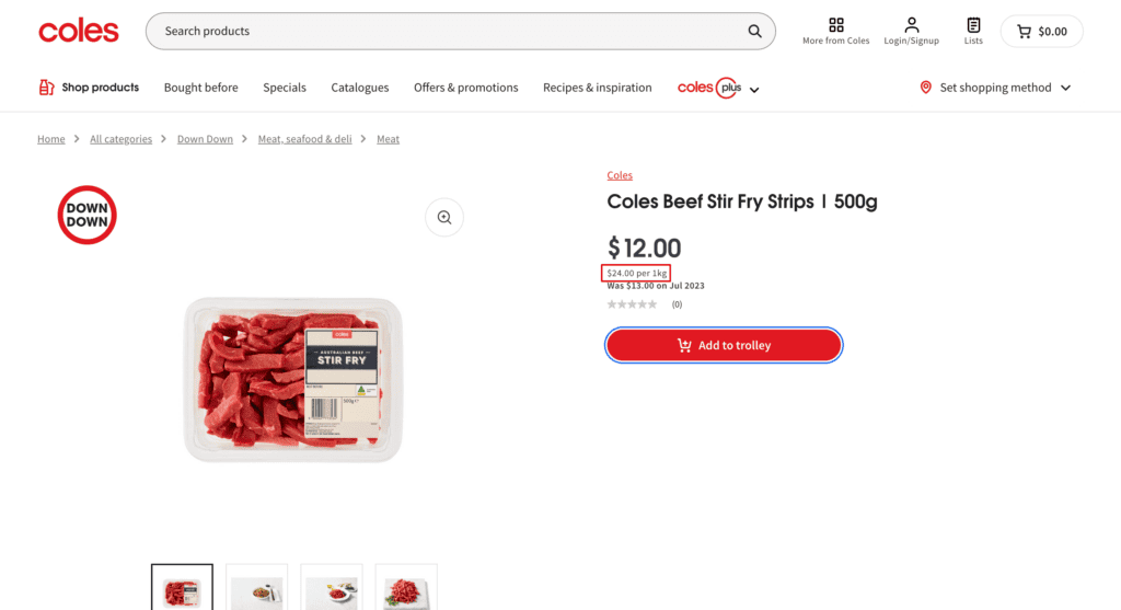 price of beef stir fry strips in Coles