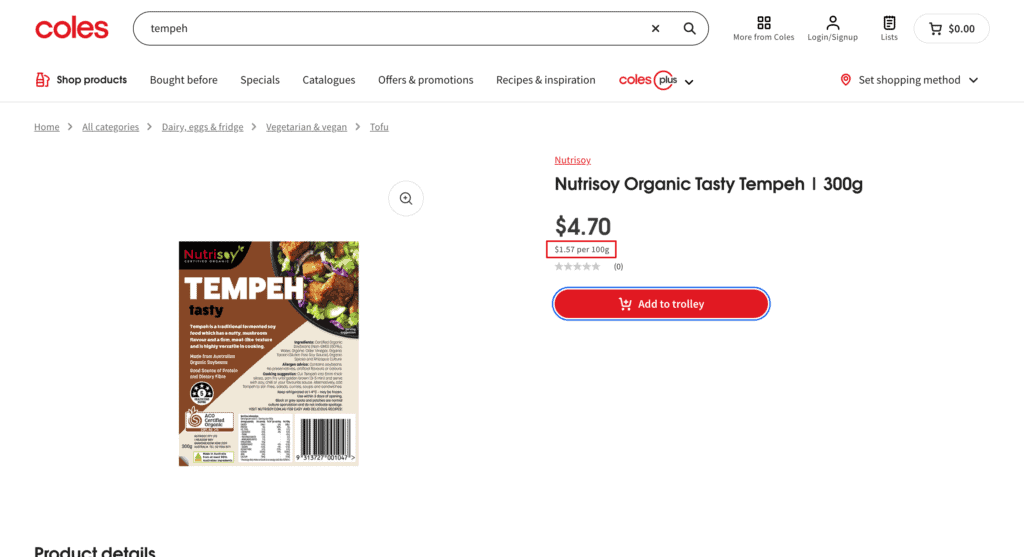 price of tempeh in coles
