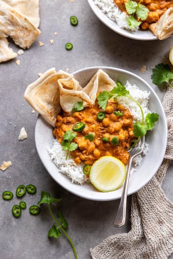 Vegan Chickpea Curry Served with Roti and Rice