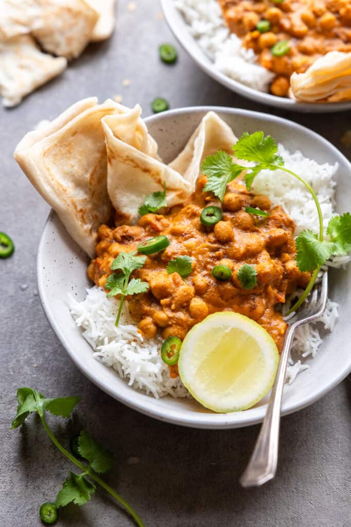 Vegan Chickpea Curry Served with Roti and Rice